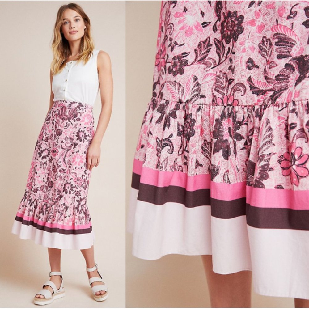 Anthropologie Roxana Flounced Midi Skirt